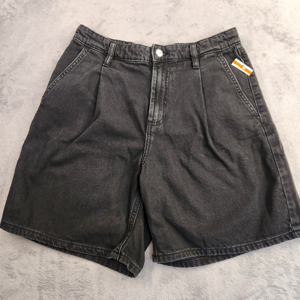 New Mango Regina Slouchy Pleated Denim Shorts Black Pleated High Rise US 4